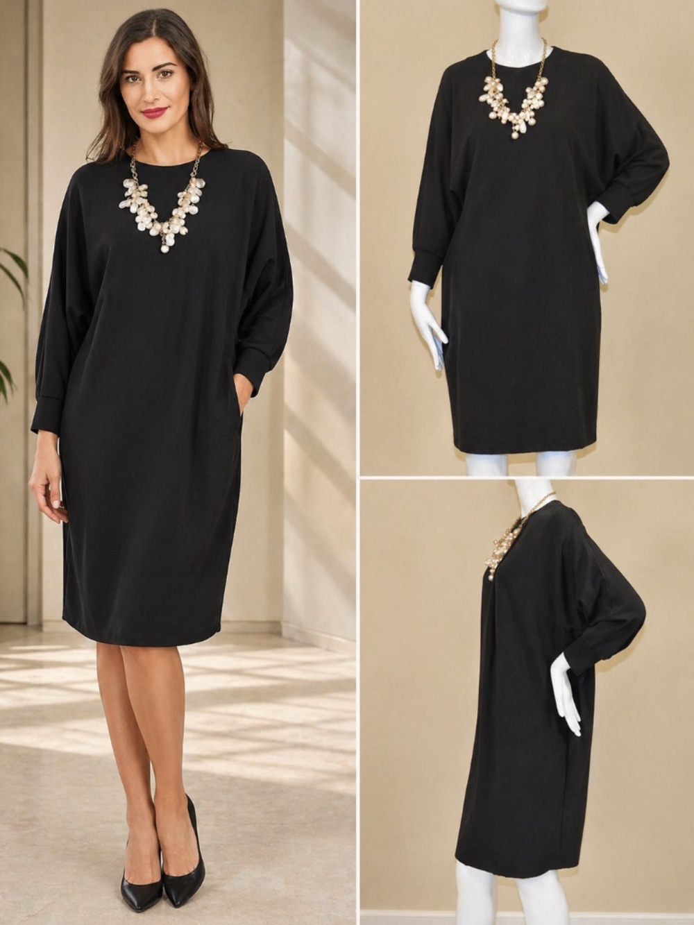 🏷️ Escada Black Relaxed Dress Raglan Sleeve Minimalist Germany